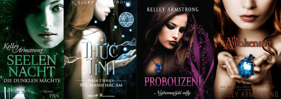 banner image featuring different covers of The Awakening, a book by Kelley Armstrong