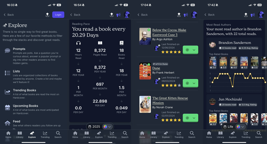 Hardcover book tracker app mobile screenshots